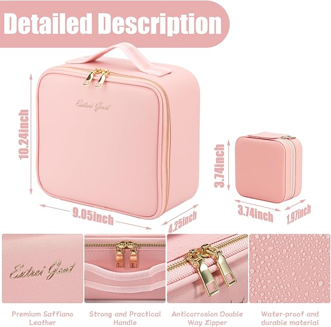 Makeup Travel Train Case with Mirror LED Light 3 Adjustable Brightness Cosmetic Bag Portable Storage Adjustable Partition Waterproof Makeup Brushes Makeup Jewelry Gift for Women