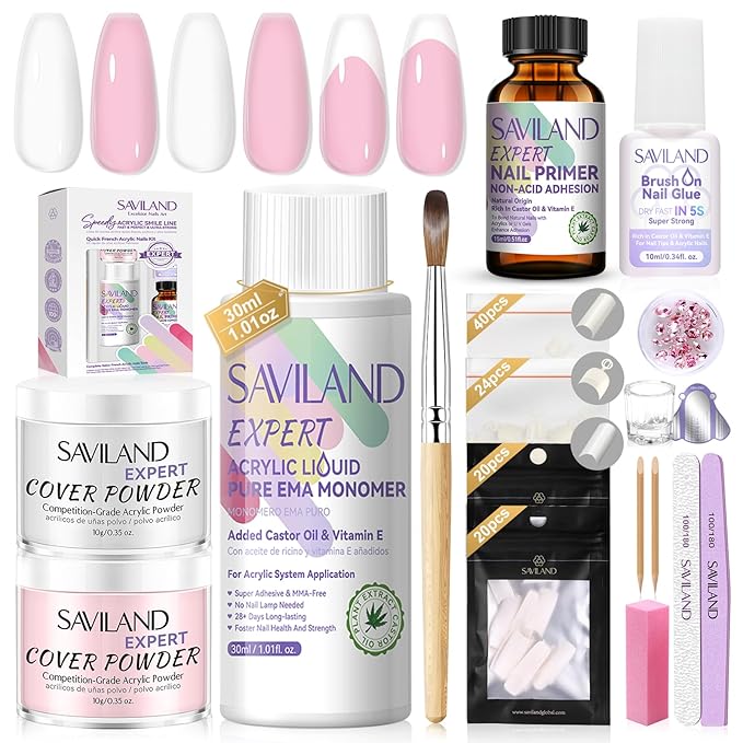 SAVILAND Acrylic Nail Kit: Keratin Acrylic Powder with Castor Oil Vitamin E Nail Primer Nail Glue French Tips Pink Rhinestones Complete Tools Everything for Beginners DIY Home Salon Christmas Gift