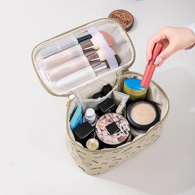 AmBealla Make up Bag Travel Cosmetic Bags Brush Holder Zipper Pouch Case Organizer Cute Organizer Suitable for Purse for Women (Beige 2PCS)