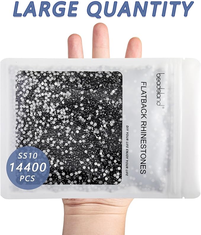 Beadsland Flatback Rhinestones Bulk, 14400pcs Rhinestones for Nails Crafts Clothes DIY Decoration, Jet Hematite, SS10, 2.7-2.9mm