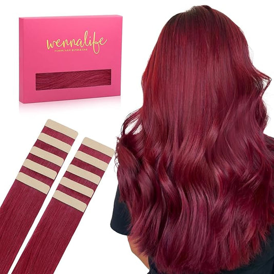 WENNALIFE Tape in Hair Extensions Human Hair Burgundy Red Tape in Extensions, 10pcs 20g 12 inch Remy Invisible Tape Ins Straight Colored Soft Real Human Hair Tape in Extensions Refill Set Extensions