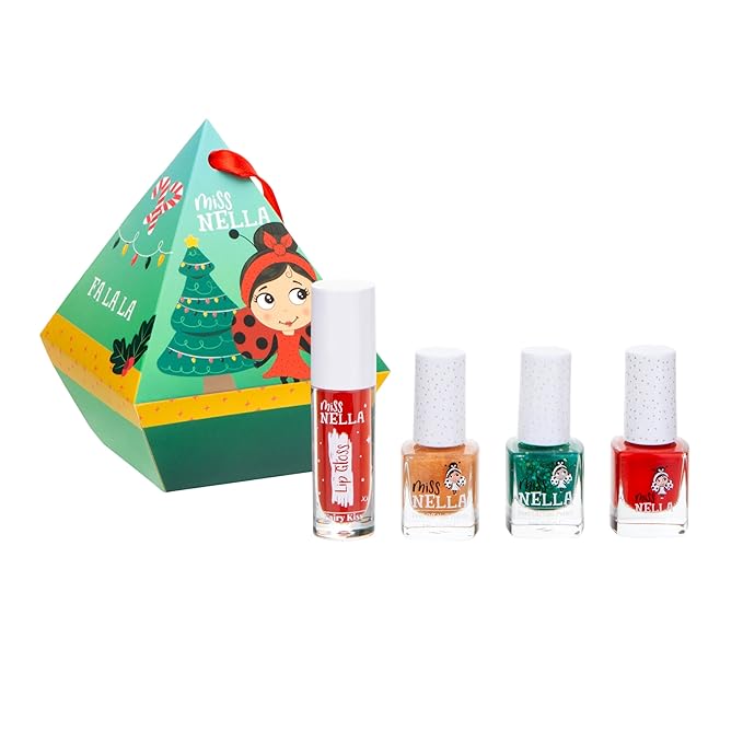 Miss Nella Festive Dimond- Christmas Bauble Gift Set for Children, Nail Polish and Lip Gloss (3 Polish 1 Gloss, 4)