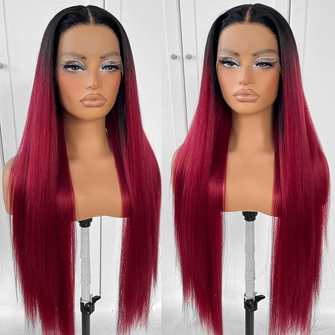 1b/99j Burgundy Ombre Lace Front Wig Pre-plucked Red Glueless Synthetic HD Cosplay Wig Wear And Go Long Straight Lace Front Wigs for Black White Women
