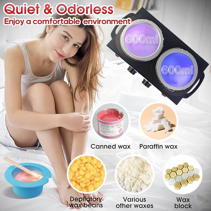 1.2L Double Wax Warmer Machine Wax Pot for Hair Removal, Professional Electric Wax Heater with Adjustable Temperature Set for Women Men with 40PCS Wooden Wax Sticks and Two Silicone Bowls