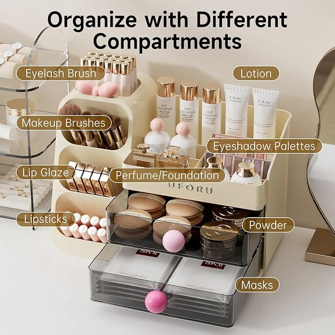 Makeup Organizer for Vanity, Countertop Organizer With Drawers, Spacious Cosmetic Display Case for Beauty Essential, Skincare, Lipstick, Cream White&Pink