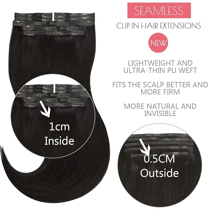 Loxxy Seamless Human Hair Clip-in Extensions Natural Black 16Inch 7Pcs 130g Real Human Hair Ultra Invisible PU Weft Silky Straight Seamless Hair Extensions