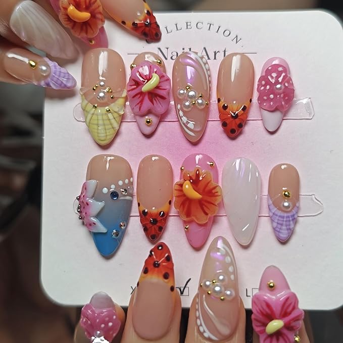 Handmade Acrylic Press On Nails Almond, 3D Press On Nails Medium, Flower 3D Pink Nails French Tip Bubble Preal For Women Gift, Reusable Stick On Fake Nails Kit With Nail Glue (Floral Dreamscape-S)