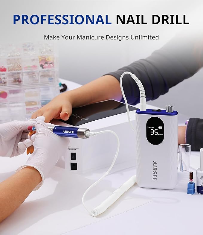 AIRSEE Updated Professional Nail Drill,Rechargeable Cordless Efile Machine for Acrylic Extension Gel Dip Powder Powerful Portable Efile 56 Sanding Bands 7 Bits,Low Noise Low Heat,G7 Blue