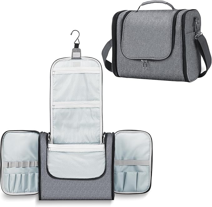 Buruis Extra Large Capacity Toiletry Bag for Women and Men, Hanging Toiletry Organizer Cosmetics Makeup Bag, Water-resistant Dopp Kit for Full Sized Toiletries, Travel Essentials (Oxford Gray)