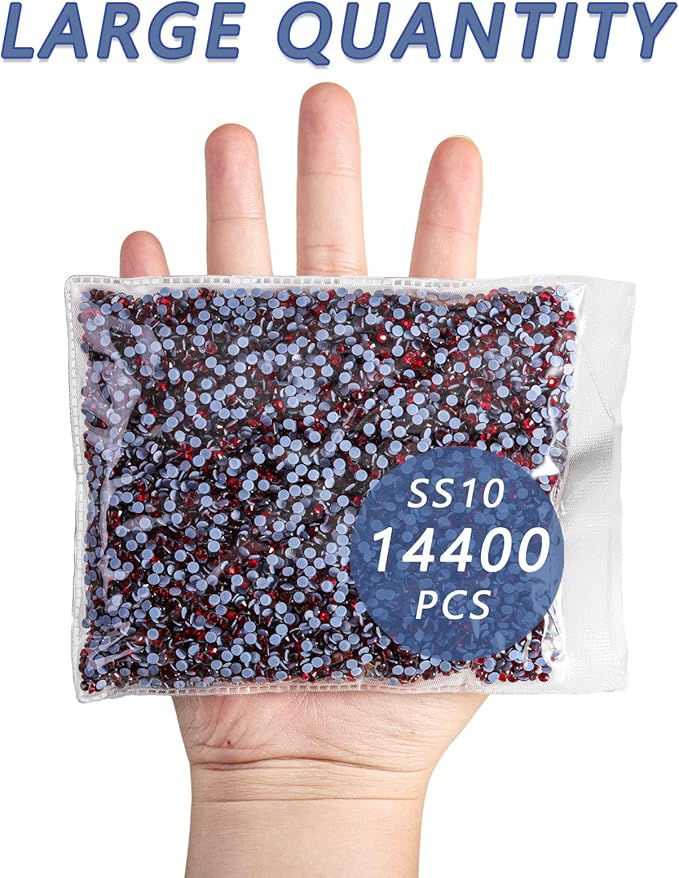 Beadsland Hotfix Rhinestones Bulk, 14400pcs Dark Red Hot Fix Rhinestones for Crafts Clothes DIY Decoration, Dark Siam, SS10, 2.7-2.9mm