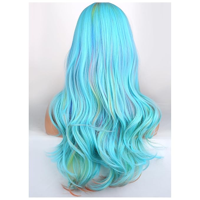 BERON Blue Mixed Colorful Wigs Long Wavy Wig for Women Girls Middle Part Heat Resistant Synthetic Hair Wigs for Cosplay Party Daily or Use