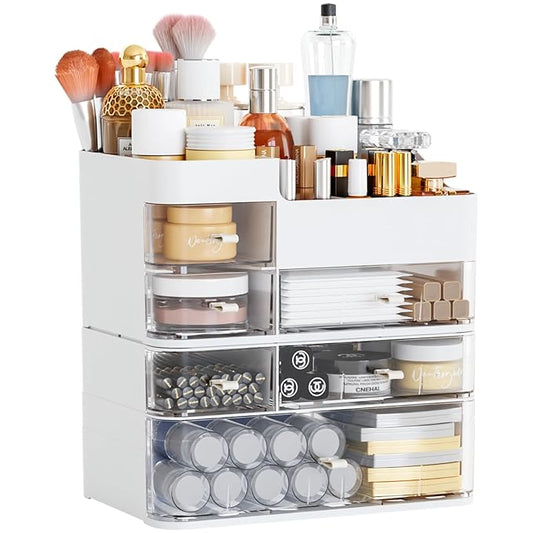 White Makeup Organizer With 6 Drawers,2 Pack Stackable Plastic Cosmetic Storage Organizer for Dresser and Vanity,Ideal for Beauty,Perfume,Brushes,Skincare Bathroom Organizers and Storage Counter