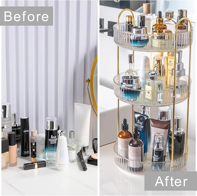 360° Rotating Makeup Organizer, Bathroom Make Up Spinning Holder Rack, Large Capacity Cosmetics Storage Vanity Shelf Countertop, Fits Cosmetics, Perfume, Skincare, Lipsticks(1 Tier, Clear)