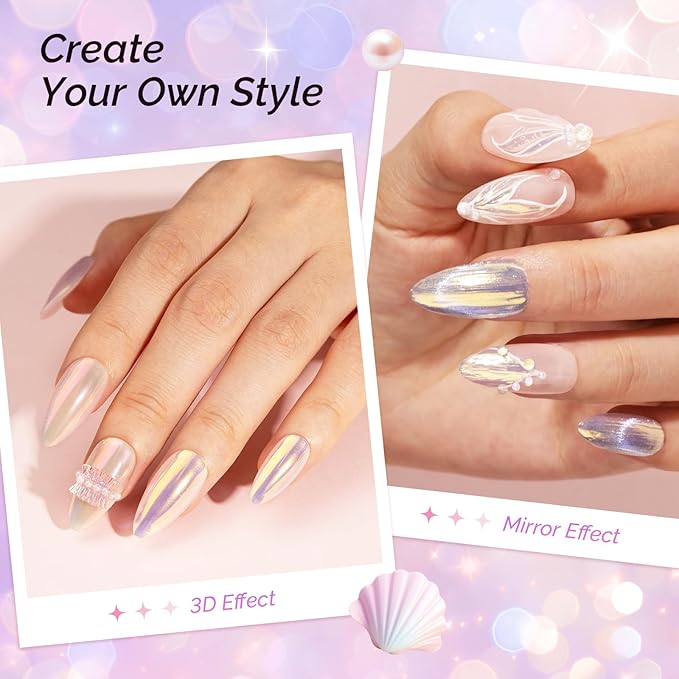 MelodySusie Unicorn Chrome Nail Powder,Ice Transparent Aurora,Mirror Effect,Color Changing Pearlescent,Multi-color Chrome Rainbow Pigment Super Shiny,Suitable for Home DIY Nail Salon