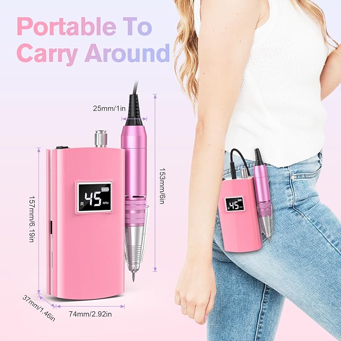 Beloving Portable Nail Drill Professional, 45000RPM Rechargeable Nail Drill Electric File Machine for Acrylic Gel Polish Remover, Cordless Nail Kit for Manicure Pedicure with 11 Bits for Salon Home