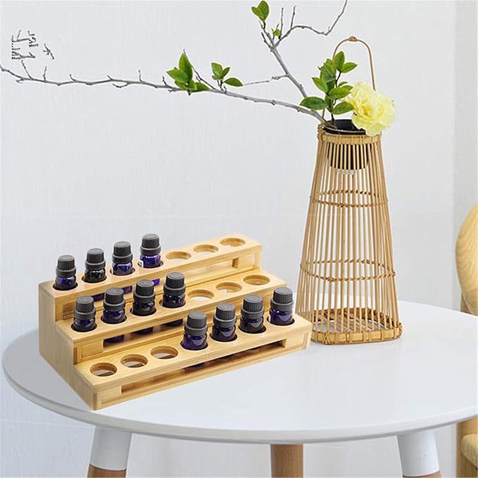 Pure Vie 3 Tier Essential Oil Bottles Wooden Storage Display Stand Travel Display Presentation Holder, Cosmetic Aromatherapy Organizer Rack Nail Polish Fragrance Container - Holds 18 Slots (30 ml)