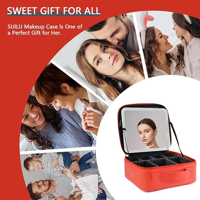 Travel Makeup Bag with LED Lighted Mirror,Cosmetics Organizer, Makeup Bag with 3 Color Lighted Setting, Portable Storage and Adjustable Dividers Travel Makeup Bag(red)