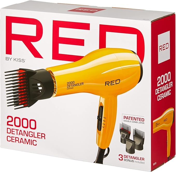 RED by KISS 2000 Ceramic Hair Dryer, Professional Salon Blow Dryer 3 Attachments Included, 2 Detangler Piks, 1 Air Concentrator (Yellow)