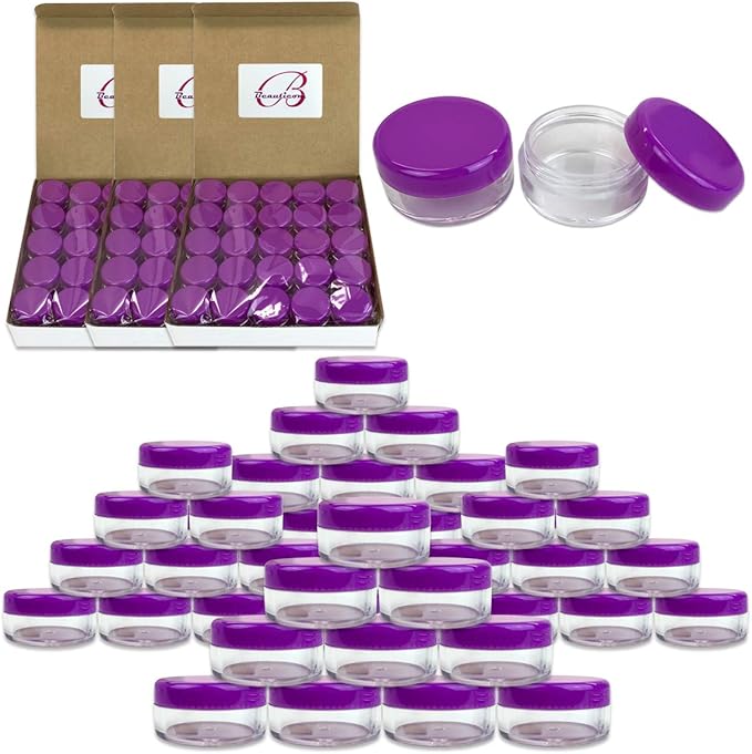 Beauticom 5G/5ML Round Clear Jars with Purple Lids for Cosmetics, Medication, Lab and Field Research Samples, Beauty and Health Aids (Quantity: 200 Pieces)