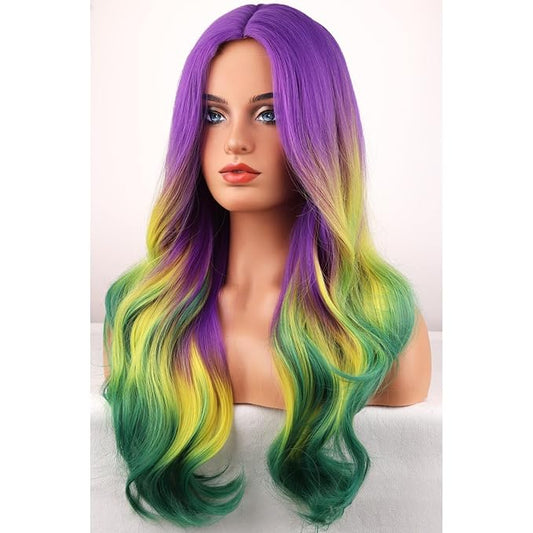 BERON Mardi Gras Colored Wigs Ombre Purple Yellow Green Long Wavy Wig for Women Girls Heat Resistant Synthetic Hair Wigs for Cosplay Party