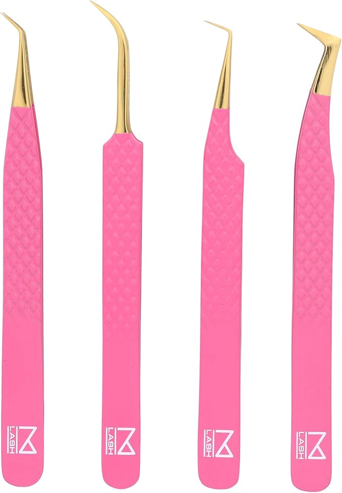 M LASH Tweezers for Eyelash Extensions (Set of 4) - Professional Lash Extension Tweezers - Fiber Tip, Japanese Steel, Diamond Grip Eyelash Extension Tweezer (Pink)