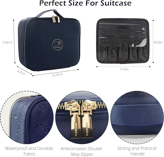 MOMIRA Travel Makeup Bag Cosmetic Bag Makeup Organizer Bag with Lighted Mirror, Adjustable Brightness in 3 Color Scenarios, Waterproof Makeup Train Case, Gift for Women - Royal Blue