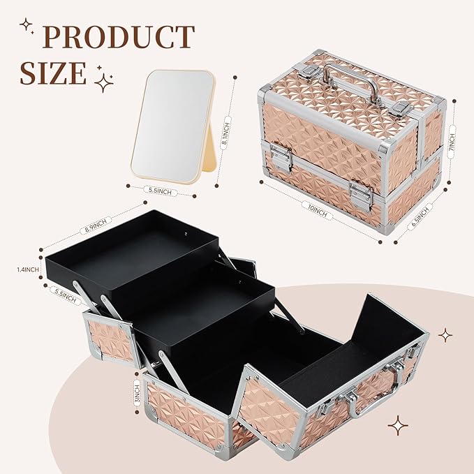 Leeora&Leekoo Makeup Train Case Cosmetic Box Portable Makeup Case Organizer 2 Trays Makeup Storage with Mirror for Cosmetologist Aesthetic Supplies Nail Tech Traveling Makeup Box (Rose Gold)