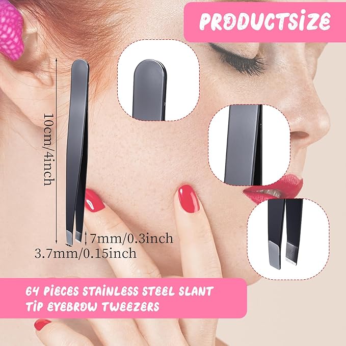 64Pcs Slanted Lash Tweezer for Women Men, Professional Stainless Steel Tweezers High Precision Tweezers Bulk for Ingrown Hair Removal Eyelash Extension Plucking Blackhead