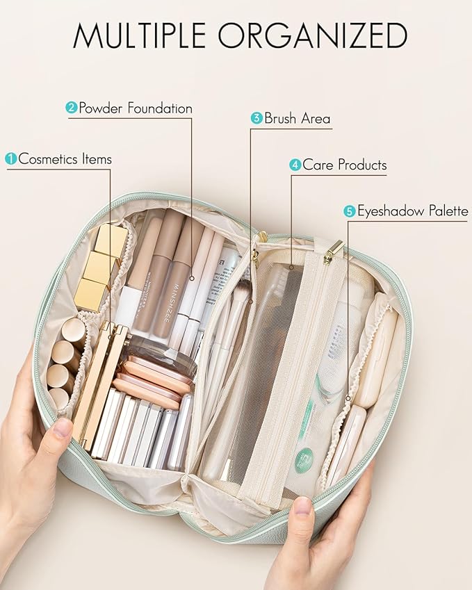 Vlando Makeup Bag,Travel Makeup Bag Waterproof Portable Cosmetic Bag PU Leather Open Flat Make up Organizer for Toiletries,Makeup Brushes Bag Gifts for Teen Girls Women(Mint Green)