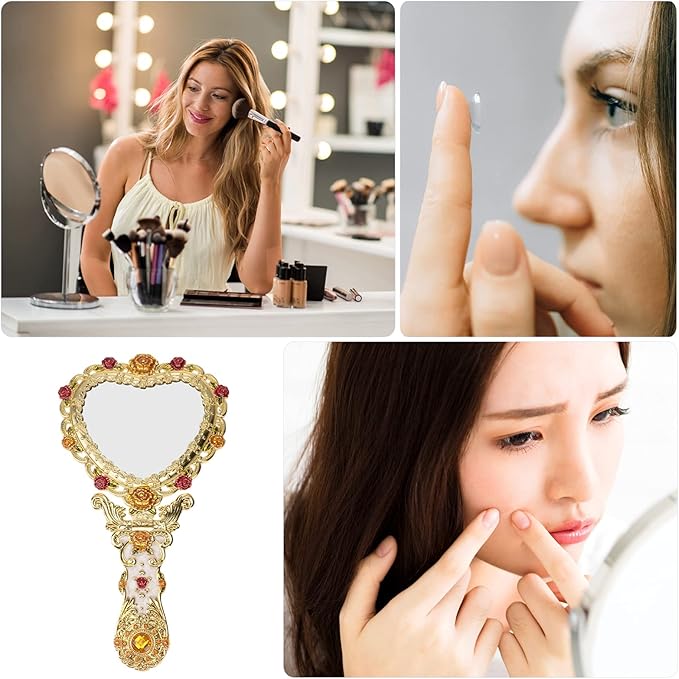 Beaupretty Hand Mirror Vintage Handheld Mirror Heart Shaped Travel Mirror Salon Barber Hairdressing Mirror Cosmetic Mirror for Pocket Purse Birthday Golden