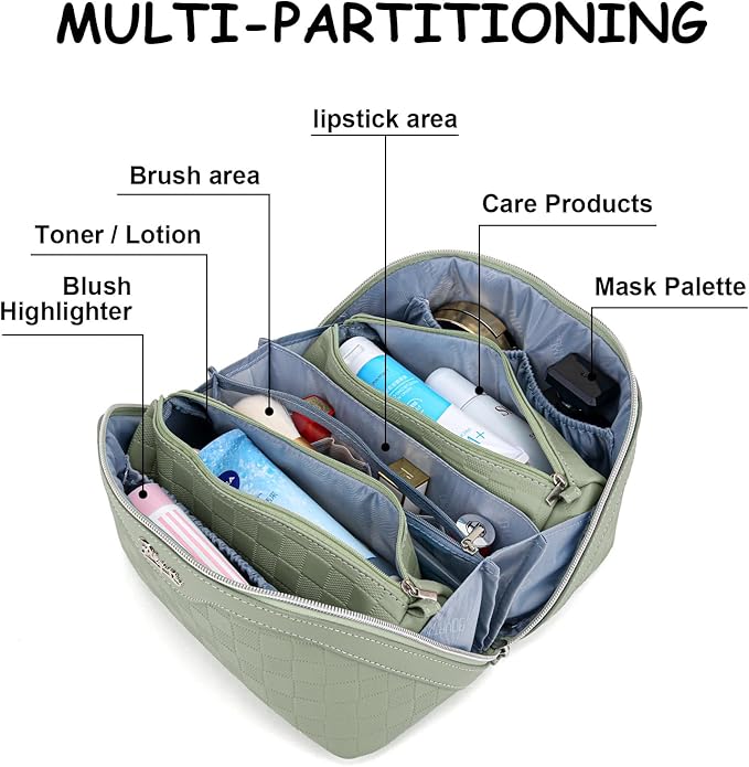 BOYATU Travel Makeup Bag Organizer Cosmetic Bag: 3 Pcs Set Make up Bags for Women with Handle - Waterproof Vegan Leather Toiletry Bags with Comparments (Green)