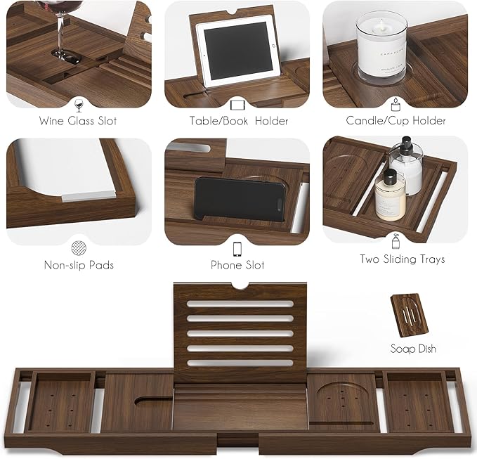 Teak Bathtub Tray, Bath Tray for Tub Bathroom Expandable Wood Bath Rack Across Tub Teak, as Unique Housewarming, Holiday, Birthday Gifts