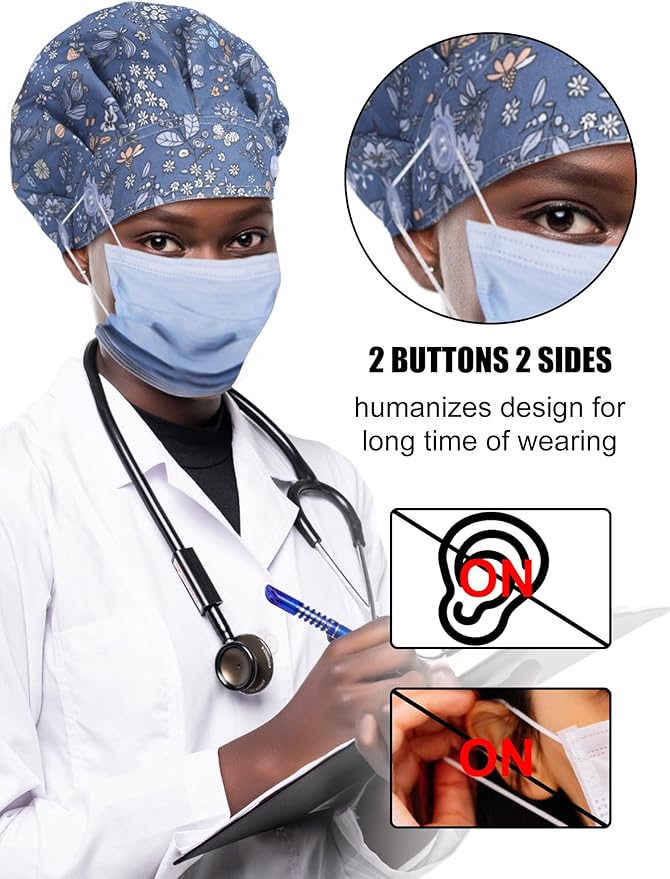 6 Pcs Satin Lined Scrub Caps Women Nurse Surgical Hat with Buttons Ponytail Working Adjustable Pouch Tie Back
