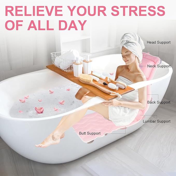 Full Body Bath Pillow Bathtub Pillows-Removable Lumbar Cushion with 17 Non-Slip Suction Cups 4D Air Mesh Fit Any Tub Luxury Bathroom Accessories-Pink