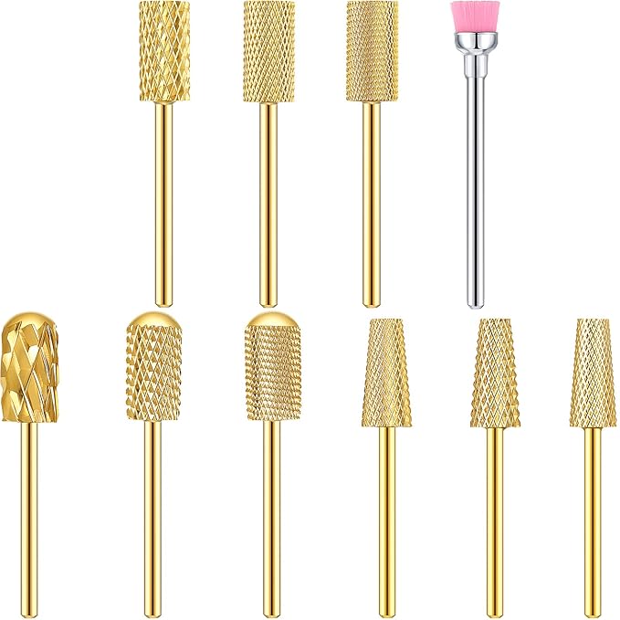 Honoson 10 Pcs Nail Drill Bits Set, 3/32 Inch Tungsten Carbide Bits for Nail Tech, File Remove Acrylic Gel Polish, Manicure Pedicure Tools for Salon Home Supplies(Gold)