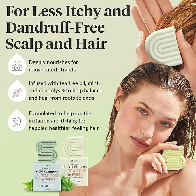 Kitsch Tea Tree & Mint Shampoo and Conditioner Bar Set, Hair Color Safe, Zero Waste, Vegan, Eco Friendly, Made in US, For All Hair Types, Paraben Free & Sulfate Free - 2pcs