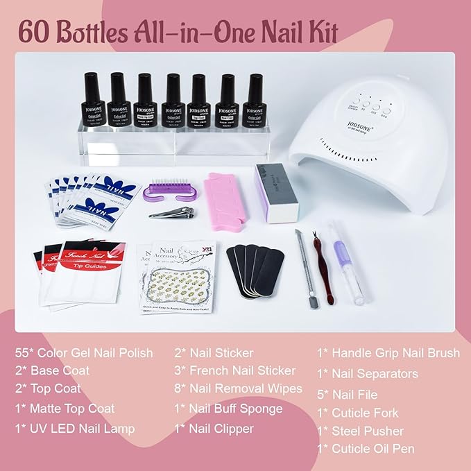 JODSONE Gel Nail Polish Kit 60 PCS with U V Light Soak off Base Top Coat 55 Shine Colors Gel Nail Kit Bright and Dark Brown Wine Red Series Manicure Set for Women and Girls