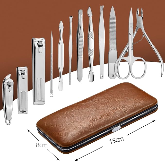 FAMILIFE Manicure Set, Pedicure Kit Nail Clipper Set 13pcs Professional Men Grooming Kit and Men and Women 12 Pieces Grooming Kit with Luxurious Leather Travel Case