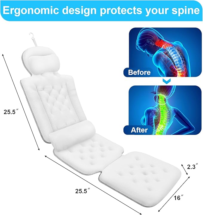 Full Body Bath Pillow for Bathtub, Luxury Bath Gifts for Women, Tub Pillow for Bath for Headrest Neck and Back Support (White)
