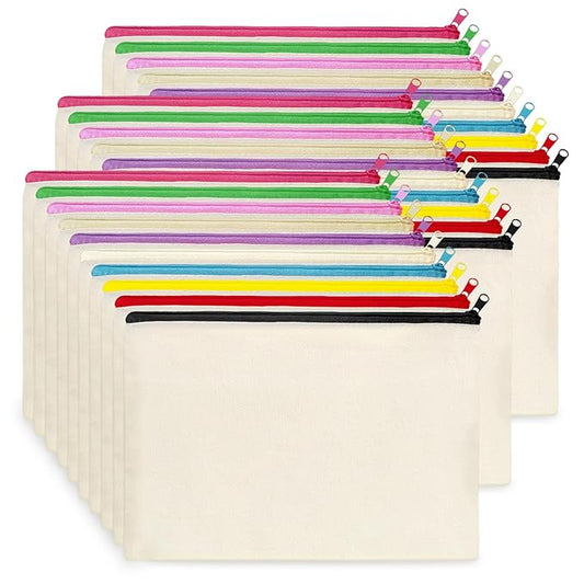 Koolmox Makeup Bags Bulk 30 Pack, Canvas Pouch with Zipper of 10 Colors, 8x5'' Blank Cotton Bags for Embroidery, Tie Dye, Marker, Circuit Projects, Christmas Gifts, Travel Bags for Pen Pencil