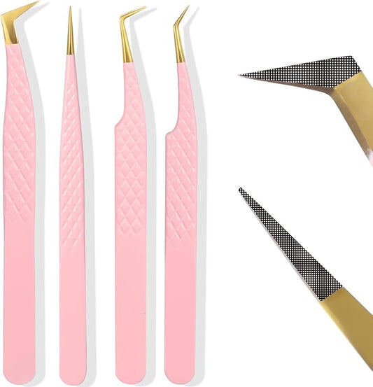 Fiber Tip Lash Tweezers For Eyelash Extension 4 Pcs Tweezers Professional Artist Tech Work Kit Tools,Best Volume Eyelash Lashes Extensions Precision Supplies Volume Boot 90 45 Degree(Pink)