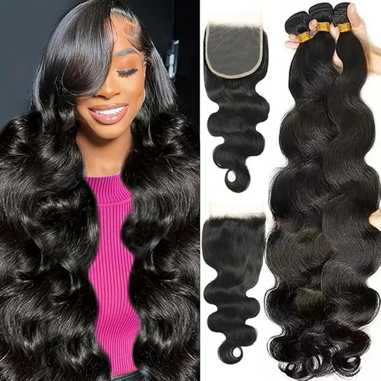 Body Wave Human Hair Bundles with Closure (26 28 30+22) 5x5 HD Closure with Bundles Human Hair 3 Weave 12A Brazilian 100% Unprocessed Virgin Weft Hair Free Part