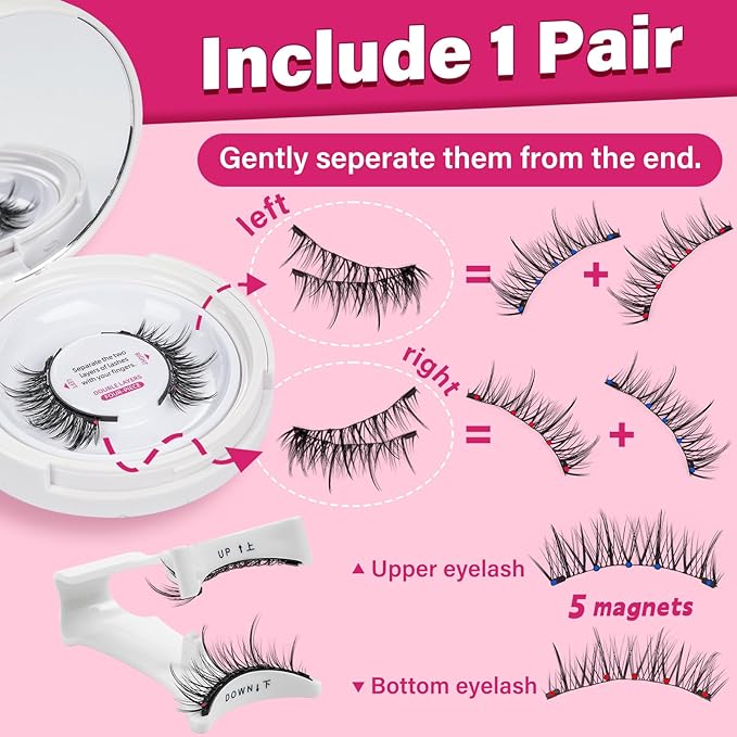 Magnetic Eyelashes With Applicator Long Lasting And Reusable Magnetic Lashes Kit 5Pcs Magnets Per Piece No Glue Needed False Eyelashes Waterproof,Cruelty Free,Easy To Wear(1pair,Vibrant)