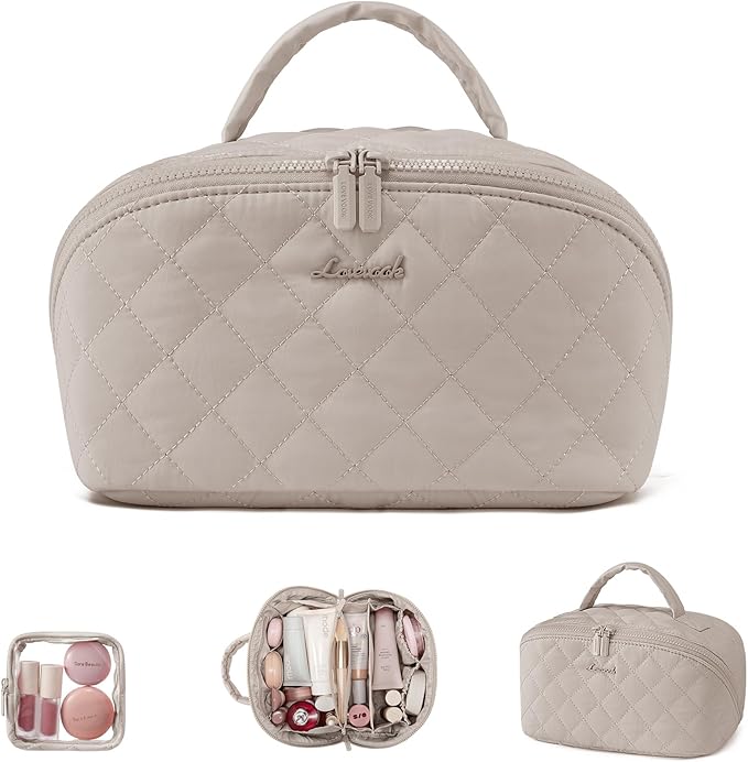 LOVEVOOK Travel Makeup Bag for Women, 2Pcs Set Puffer Waterproof Cosmetic Organizer, Large Capacity Pouch Open Flat Toiletry Bag with Divider & Handle, Portable Gift for Her