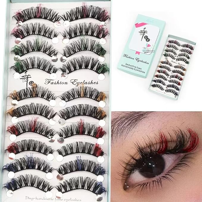 Sunniess Ombre Colored Lashes Silk Protein Fluffy Wispy Volume Fake Lashes for Halloweens Cosplay Party Stage Russian D Curl Lashes with Color Make up Faux Mink False Eyelashes