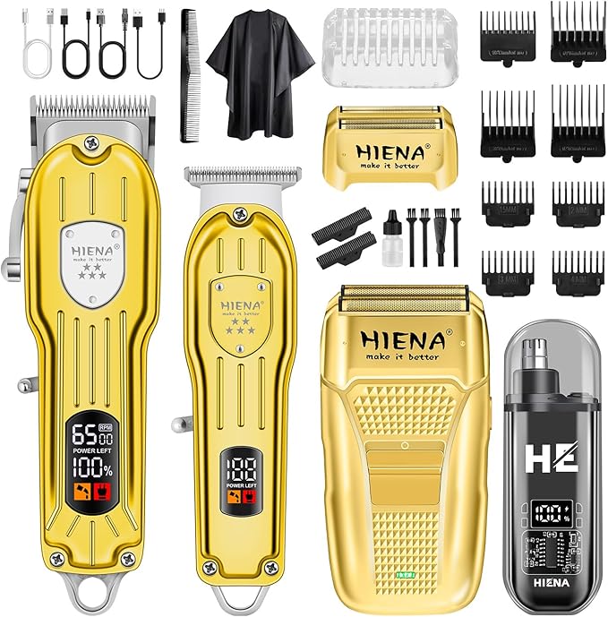 Professional Hair Clipper Set, Rechargeable Cordless Barber Kit and Hair Cutting Set, Electric Foil Shavers and Beard Trimmers, Ear, Nose Hair Trimmer Set & Facial Grooming Tool (Gold)