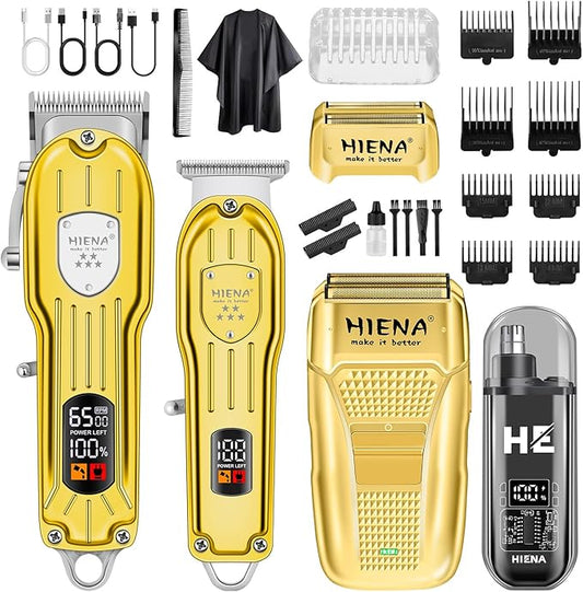 Professional Hair Clipper Set, Rechargeable Cordless Barber Kit and Hair Cutting Set, Electric Foil Shavers and Beard Trimmers, Ear, Nose Hair Trimmer Set & Facial Grooming Tool (Gold)