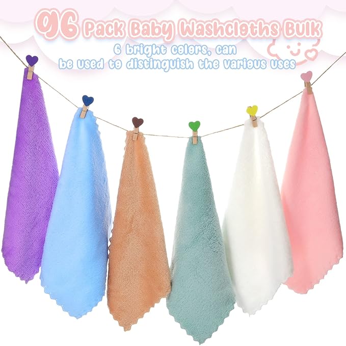 Chumia 96 Pack Baby Washcloths Bulk 10 x 10 Inch Soft Microfiber Coral Fleece Baby Face Towels Absorbent Wash Cloths for Newborn and Toddler,Gentle on Sensitive Skin for Face Body(Multicolor)