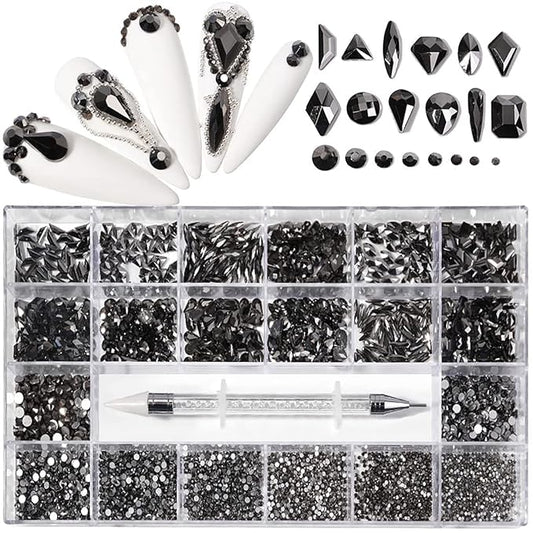 12 Types of Mine Black 600 Diamonds + 2500 Flat Rhinestones Mix 20 Styles Flatback DIY Crafts Rhinestone Crystals 3D Decorations Flat Back Stones Set + Rhinestone Picker Wax Pen