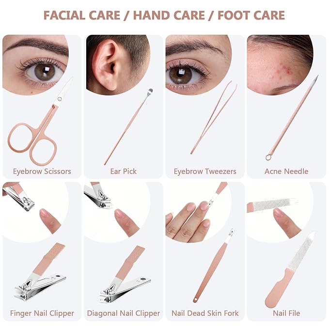 Geosar 12 Sets Manicure Set Nail Clippers Pedicure Kit 8 in 1 Stainless Steel Professional Grooming Kits Nail Care Tools with Travel Case for Men Women(Rose Gold)